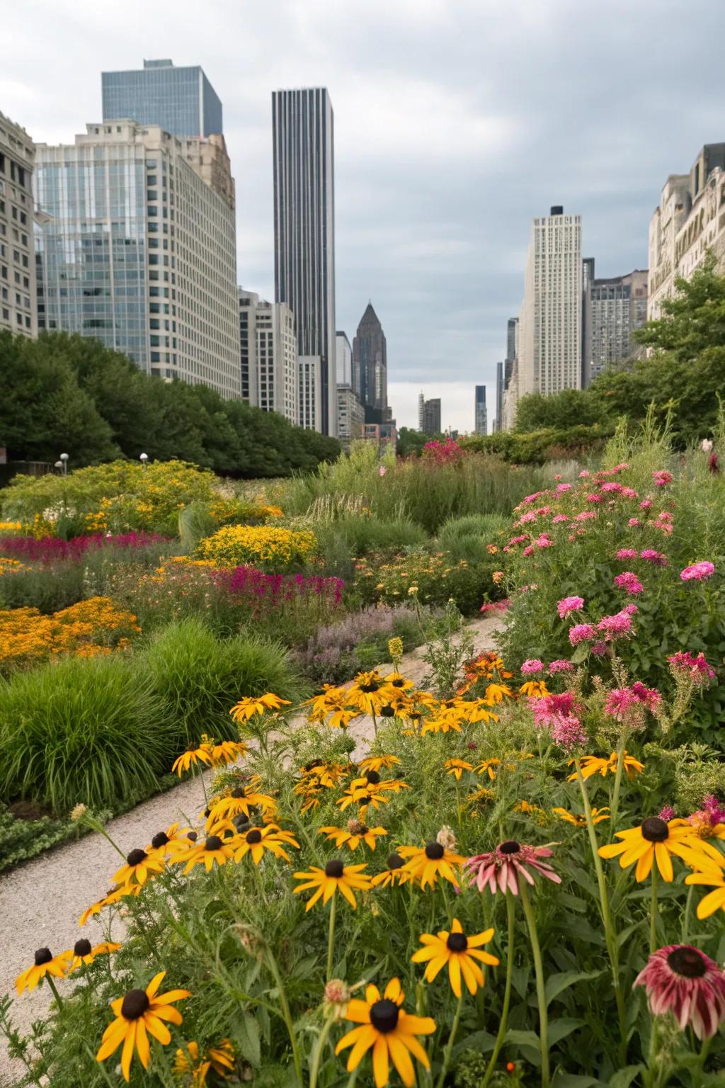 Perennials like black-eyed Susans bring vibrant color to urban hellstrips.