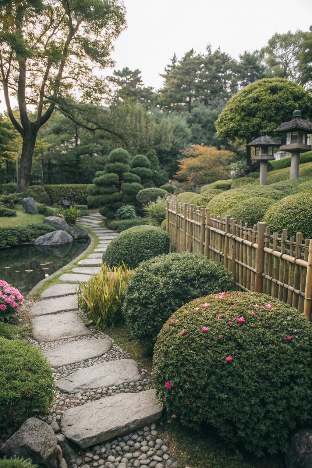 Evergreen shrubs provide structure with minimal upkeep.