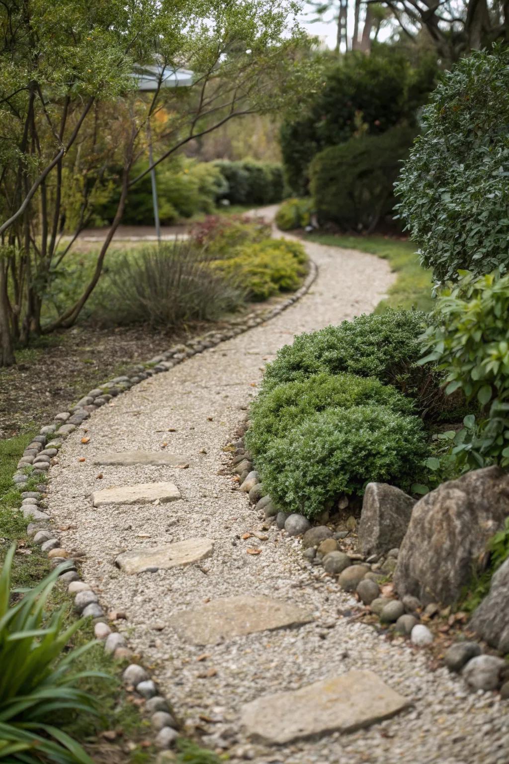 A sophisticated garden path made of gravel and stone.