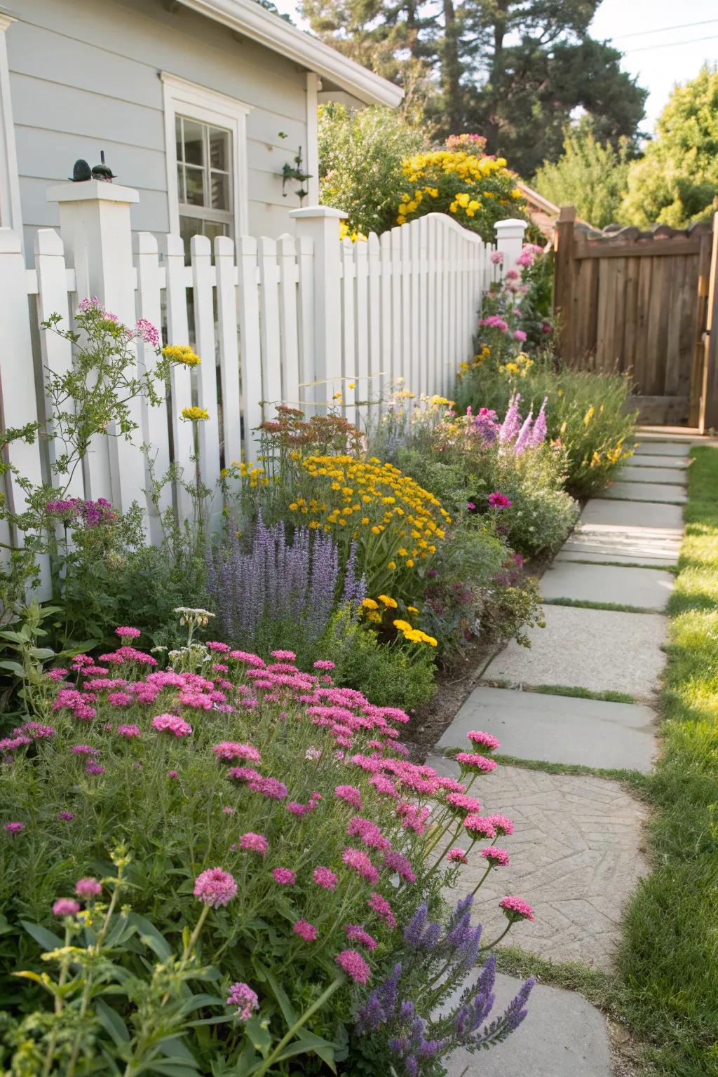 Drought-tolerant perennials brighten up a low-maintenance side yard.