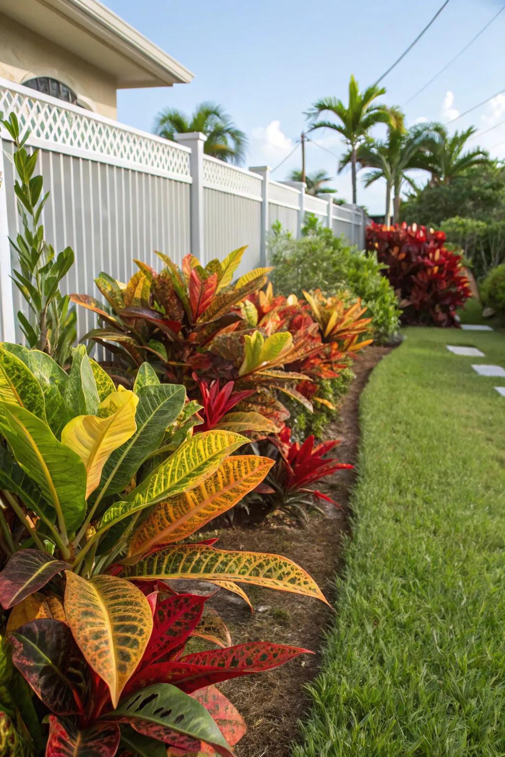 Vibrant Crotons and Bromeliads add striking color to a low-maintenance tropical front yard.
