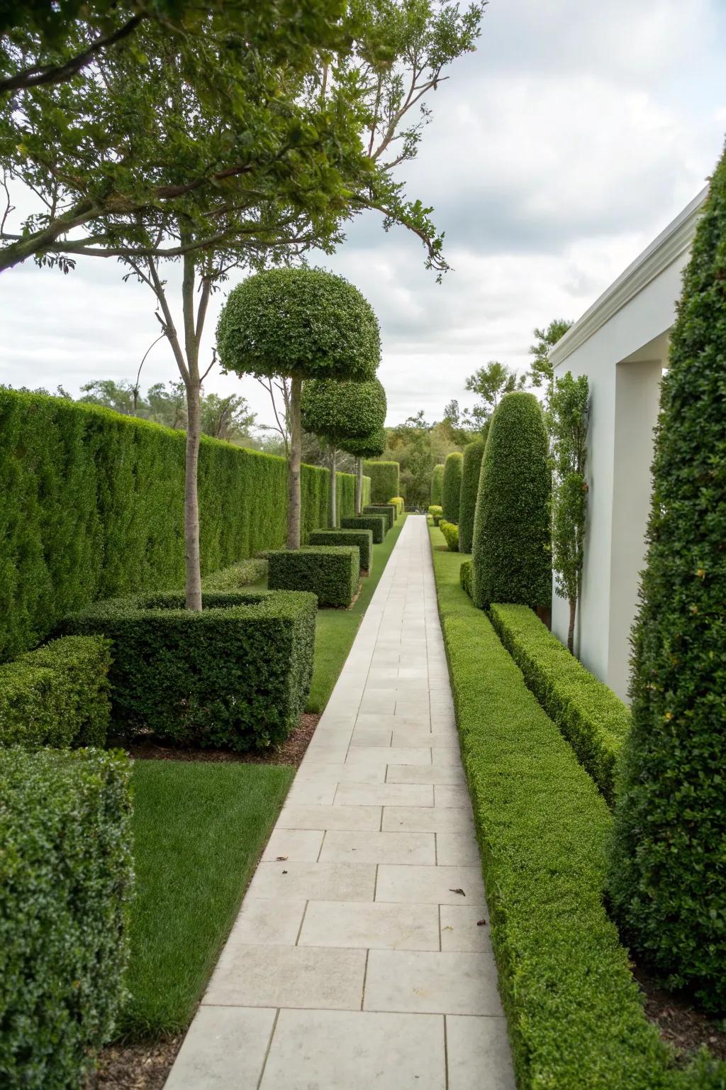 Structured elegance with neatly trimmed hedges.