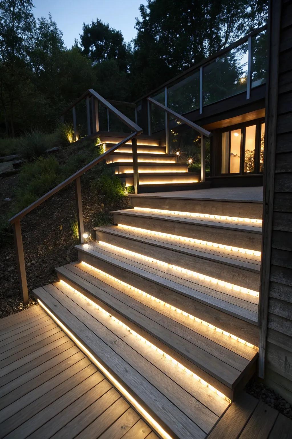 Step lighting enhances safety and modern style.