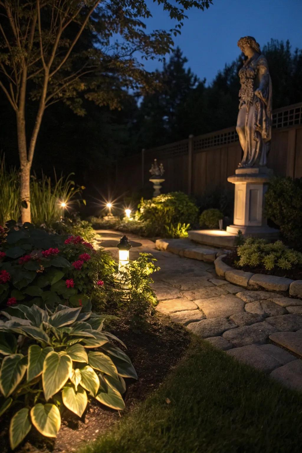 Accent lights transform garden features into nighttime focal points.