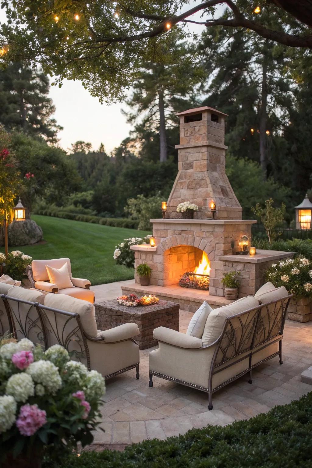 An inviting outdoor fireplace with elegant seating for cozy gatherings.
