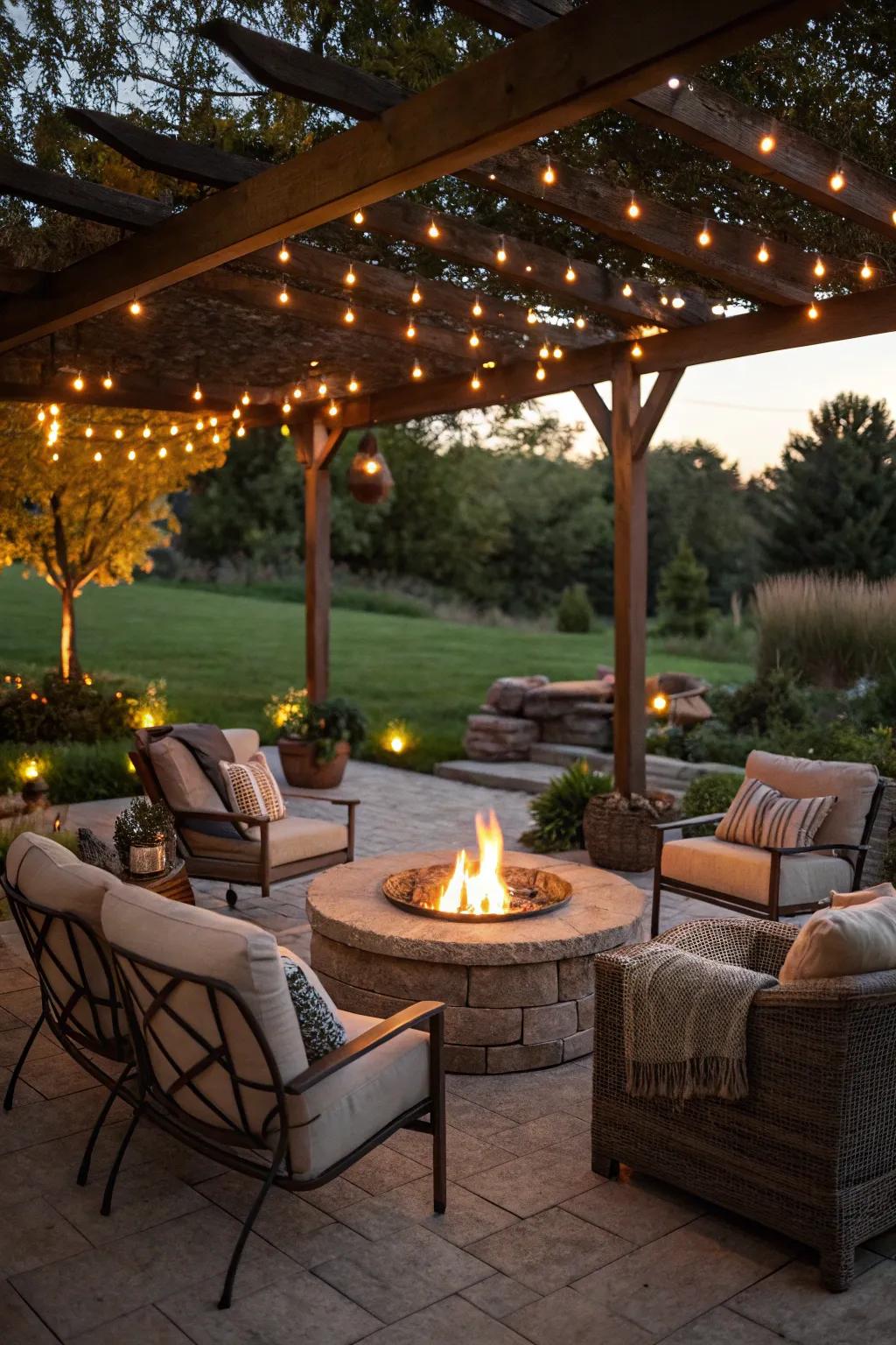 An inviting fire pit area that becomes the centerpiece of the patio