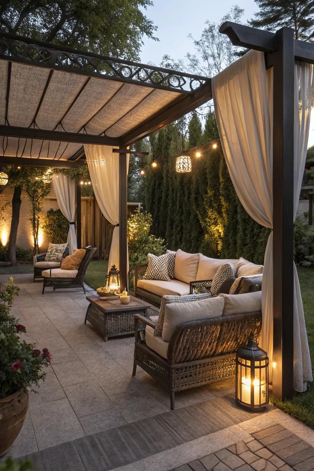 Plush outdoor furniture under a pergola offers a comfortable retreat.