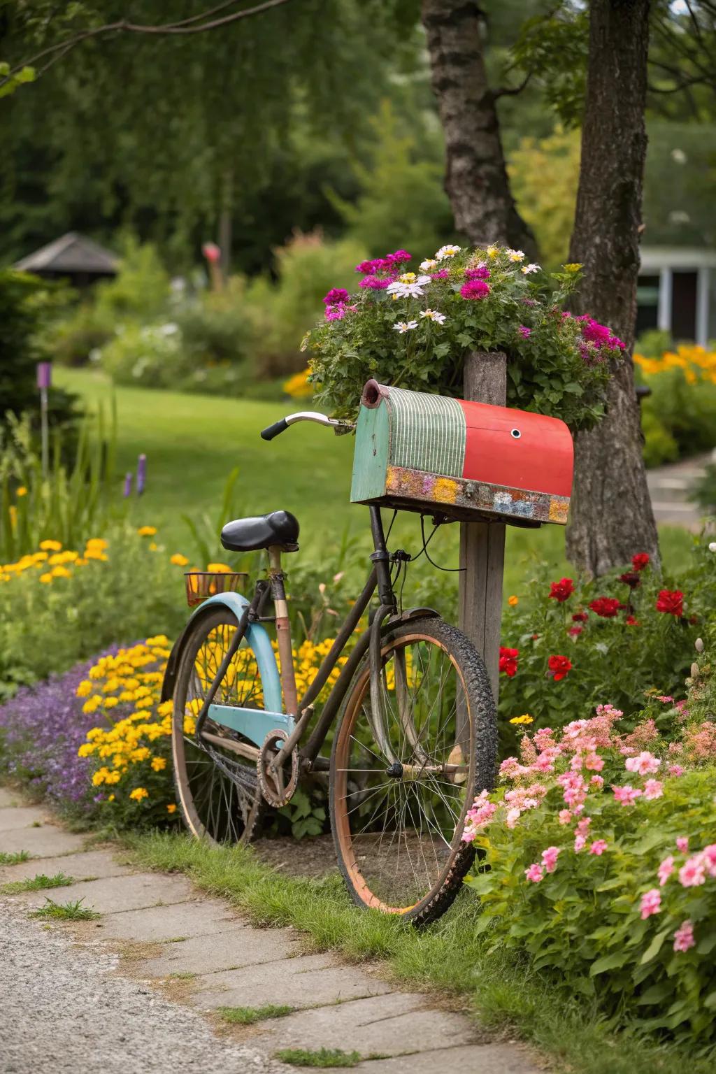 An old bicycle gets a new life as a whimsical mailbox stand.