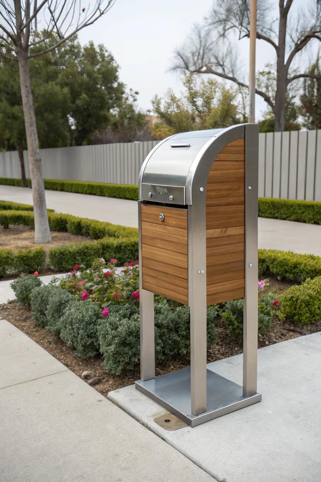 Achieve a modern edge with a metal and wood mixed mailbox stand.