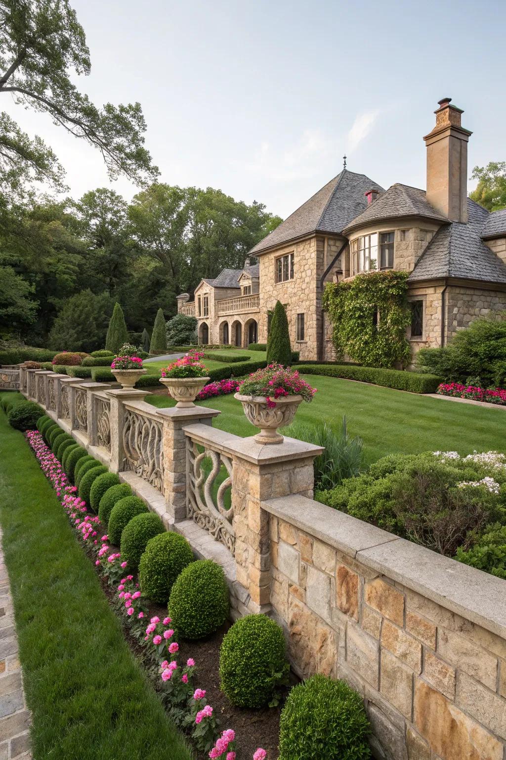 Create a fortress of elegance with a durable stone fence for your mansion.