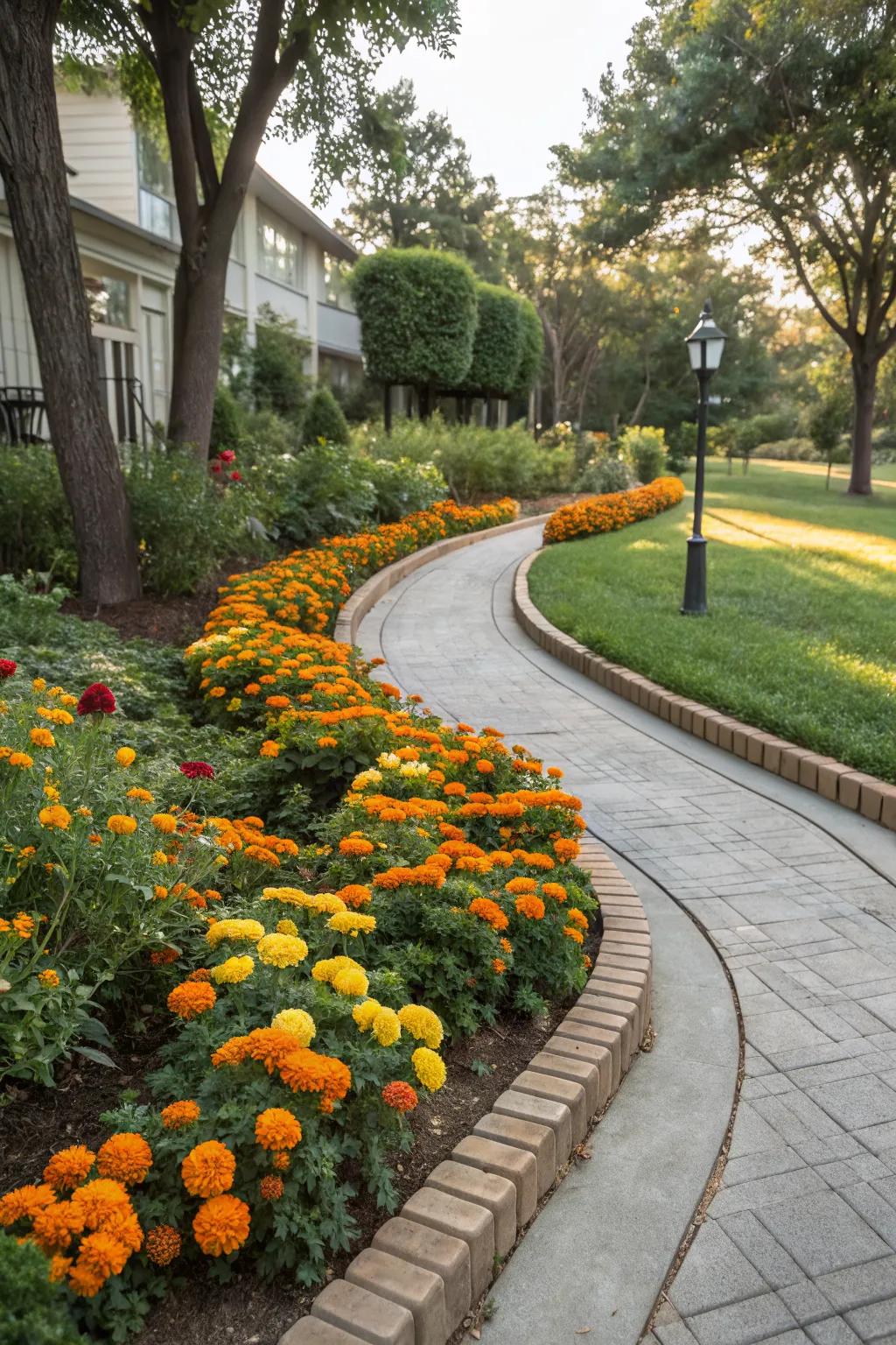 Curved marigold borders guiding through a garden pathway.
