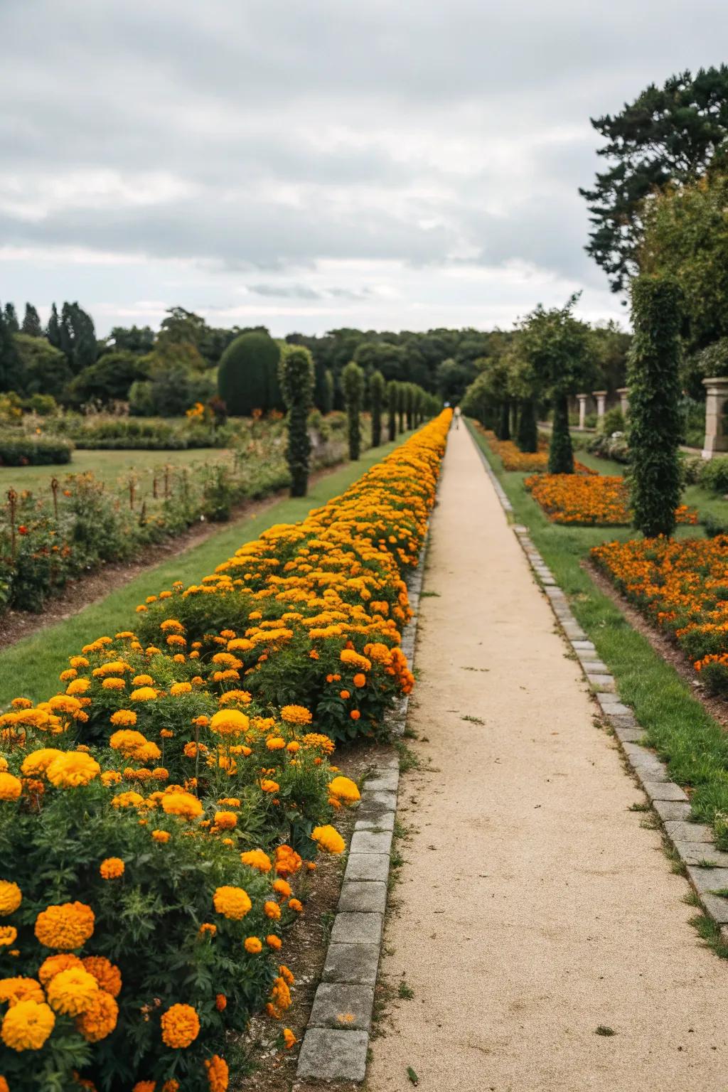 A structured marigold border adds elegance to a garden path.