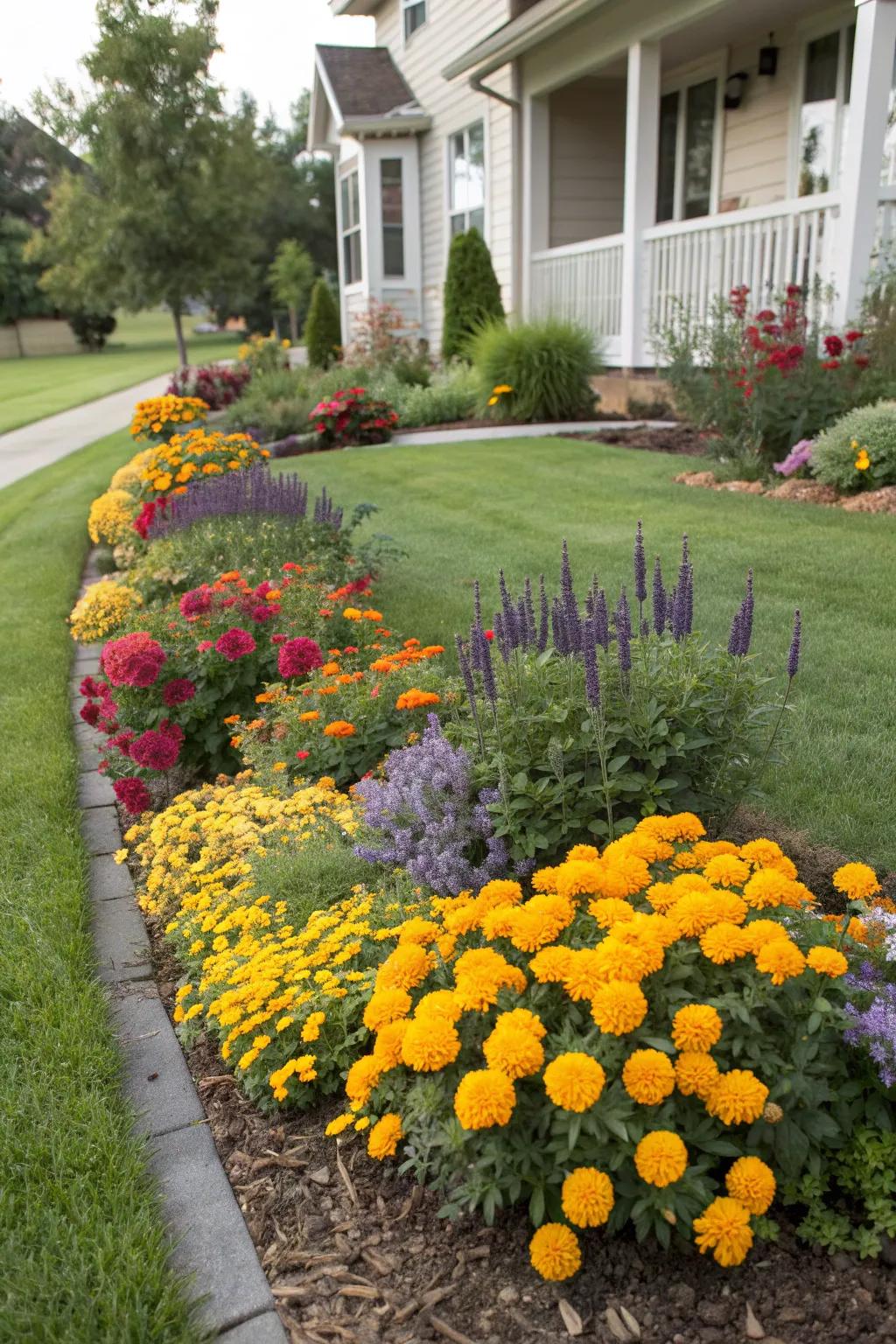 A mixed flower bed with marigolds and salvia for a striking contrast.