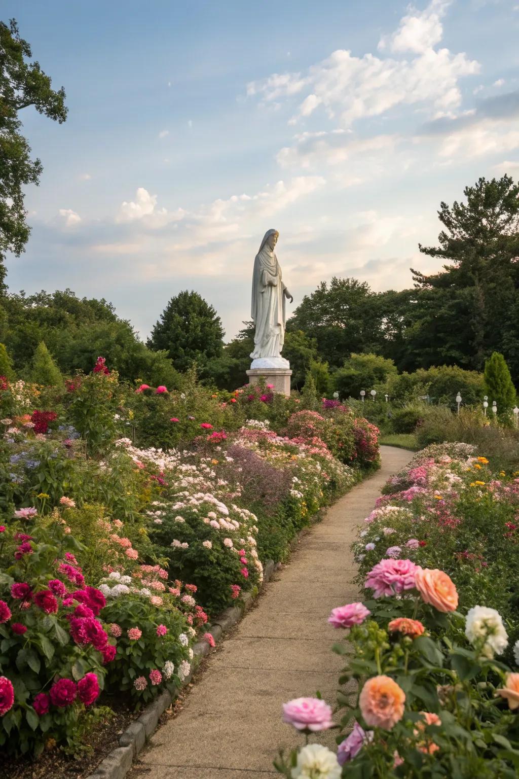 A vibrant array of flowers surrounding a serene Mary statue.