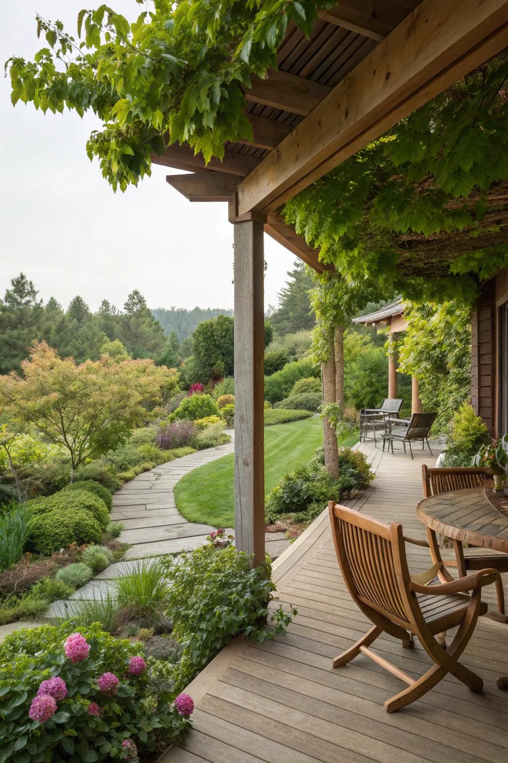 A meditation patio featuring natural wood elements and lush greenery.