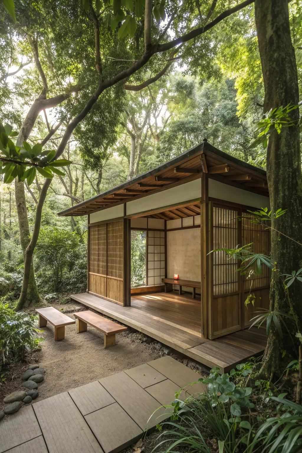 A meditation shed embraced by nature, featuring natural materials.