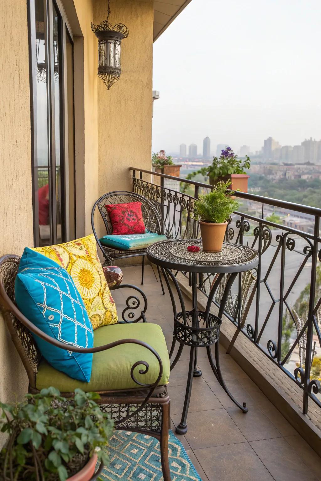 Elegant wrought iron furniture with colorful cushions creates a welcoming Mediterranean vibe.
