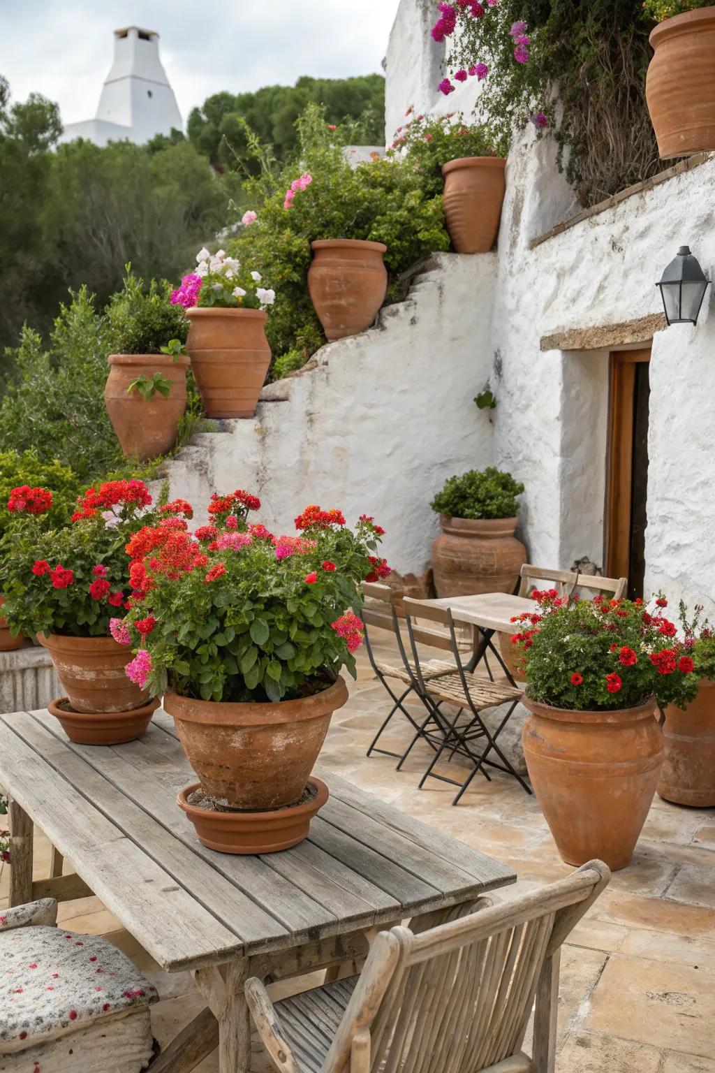 Classic terracotta pots bring warmth and color to a Mediterranean patio.