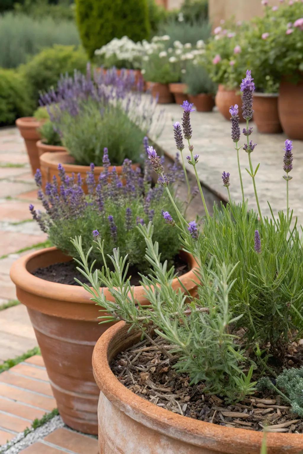 Drought-tolerant plants like lavender and rosemary in a Mediterranean setting.