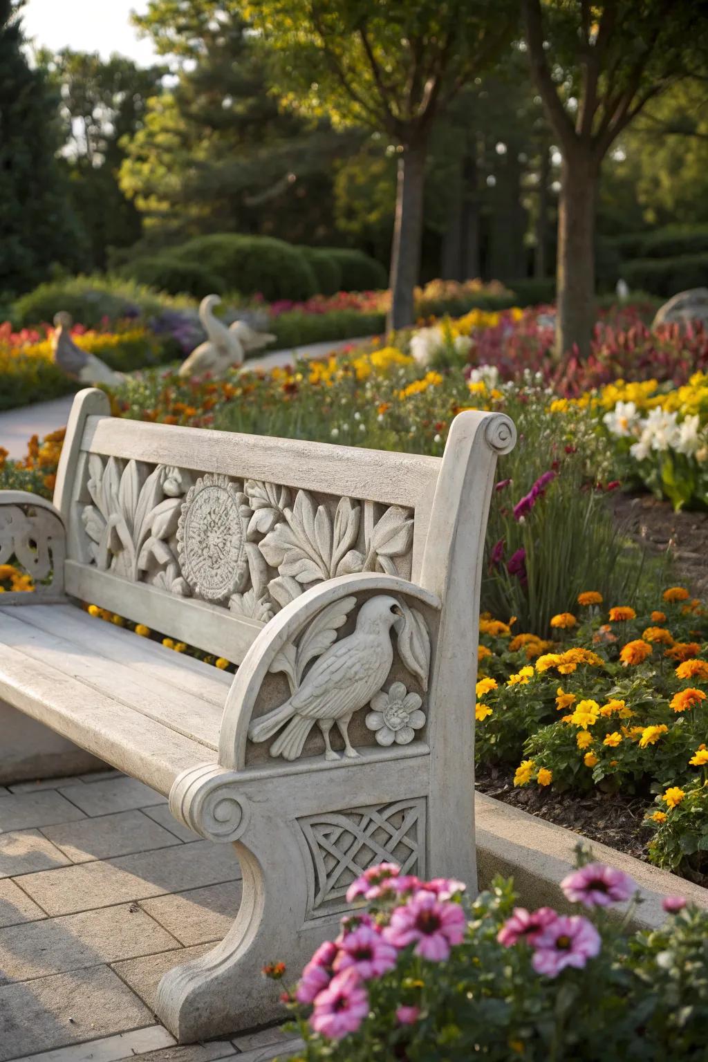 A unique bench design with personalized bird carvings.