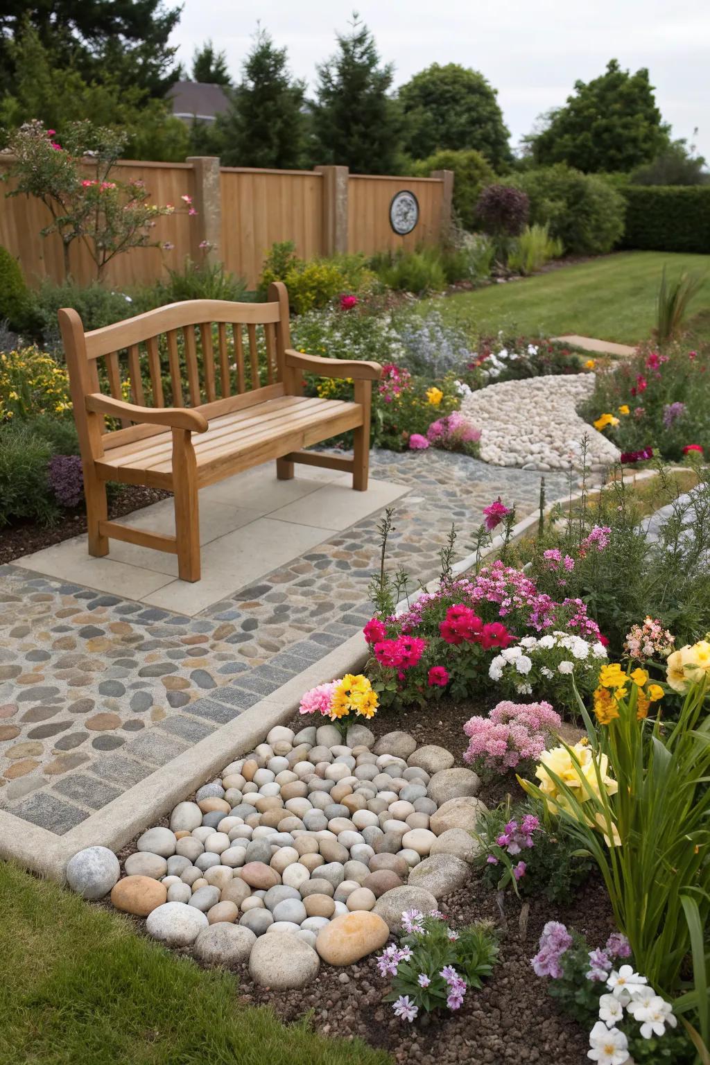 A calm outdoor memorial garden with a welcoming bench.
