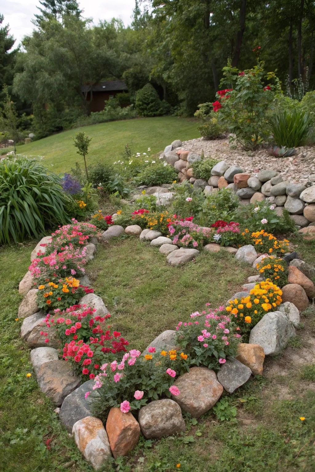 A heart-shaped stone arrangement adds a loving touch to the garden.