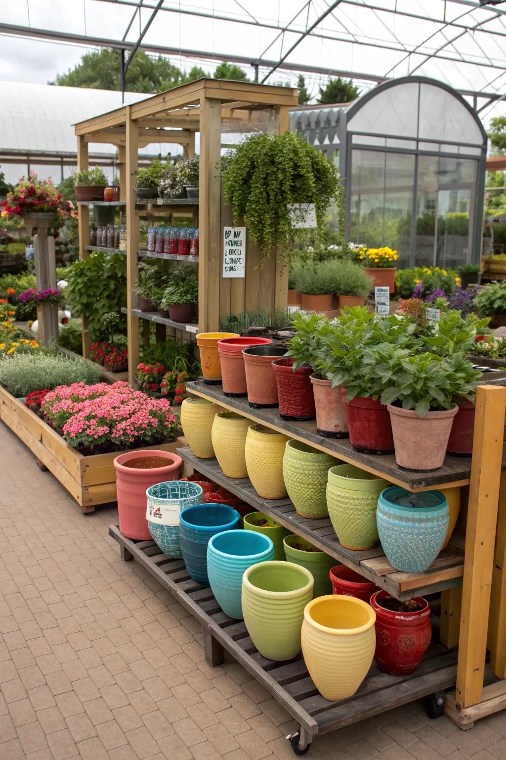 An inviting garden display with a variety of themed pots and planters.