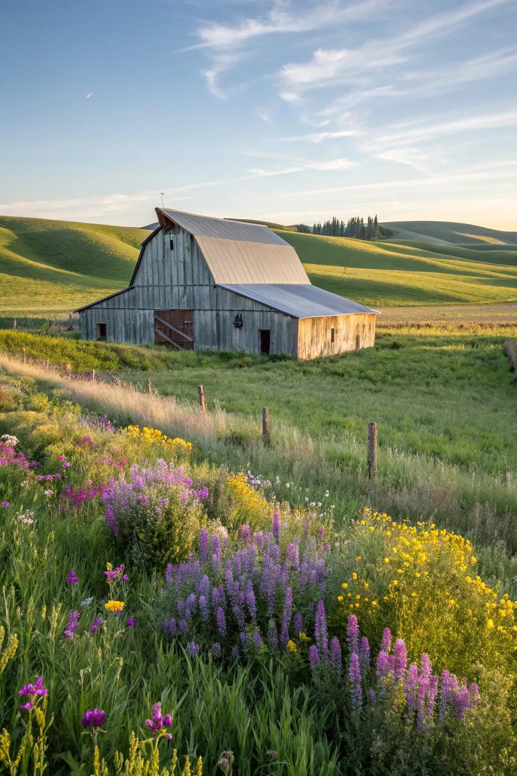 A metal barn nestled within a field of wildflowers.