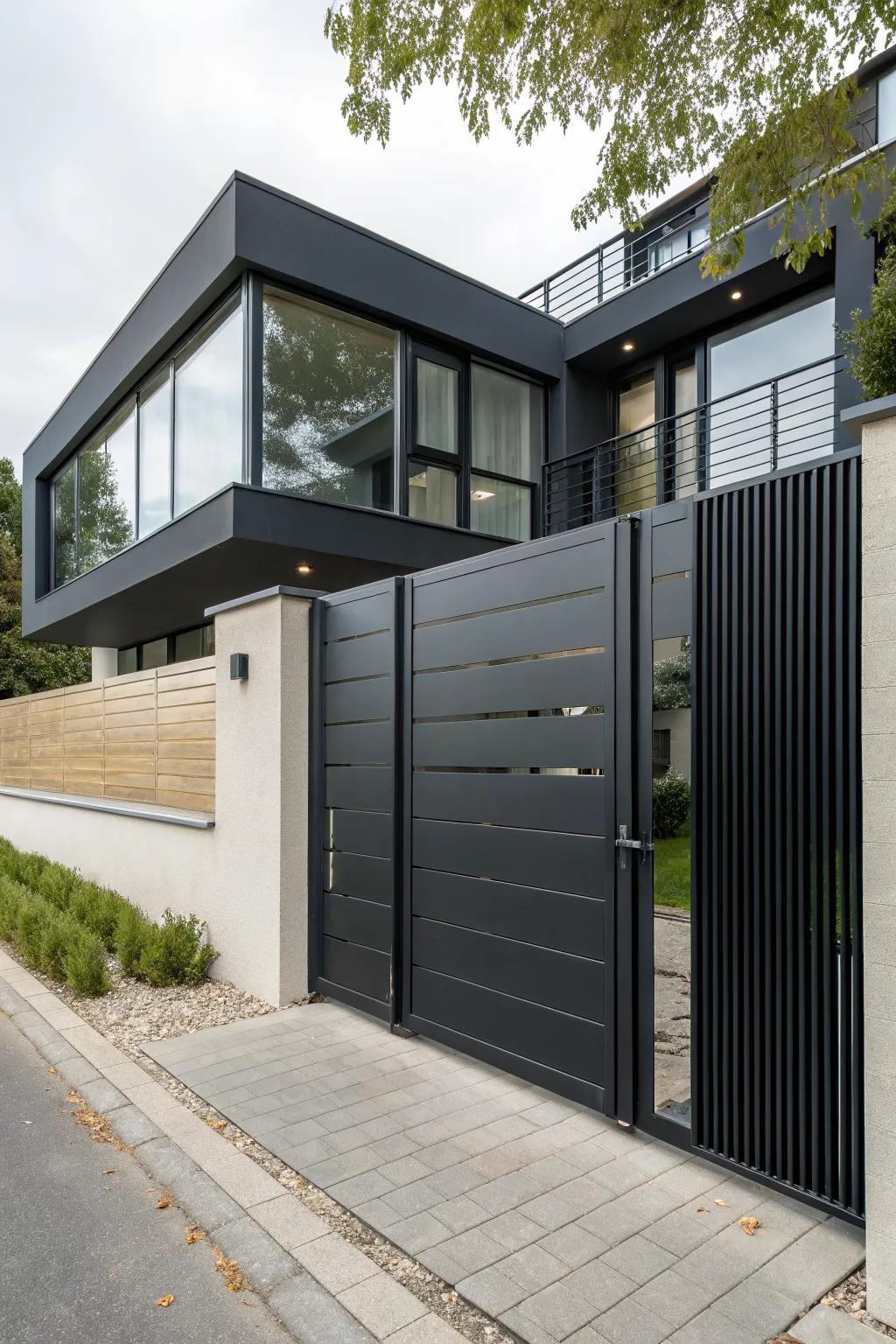 A modern minimalist gate offers a sleek, sophisticated look.