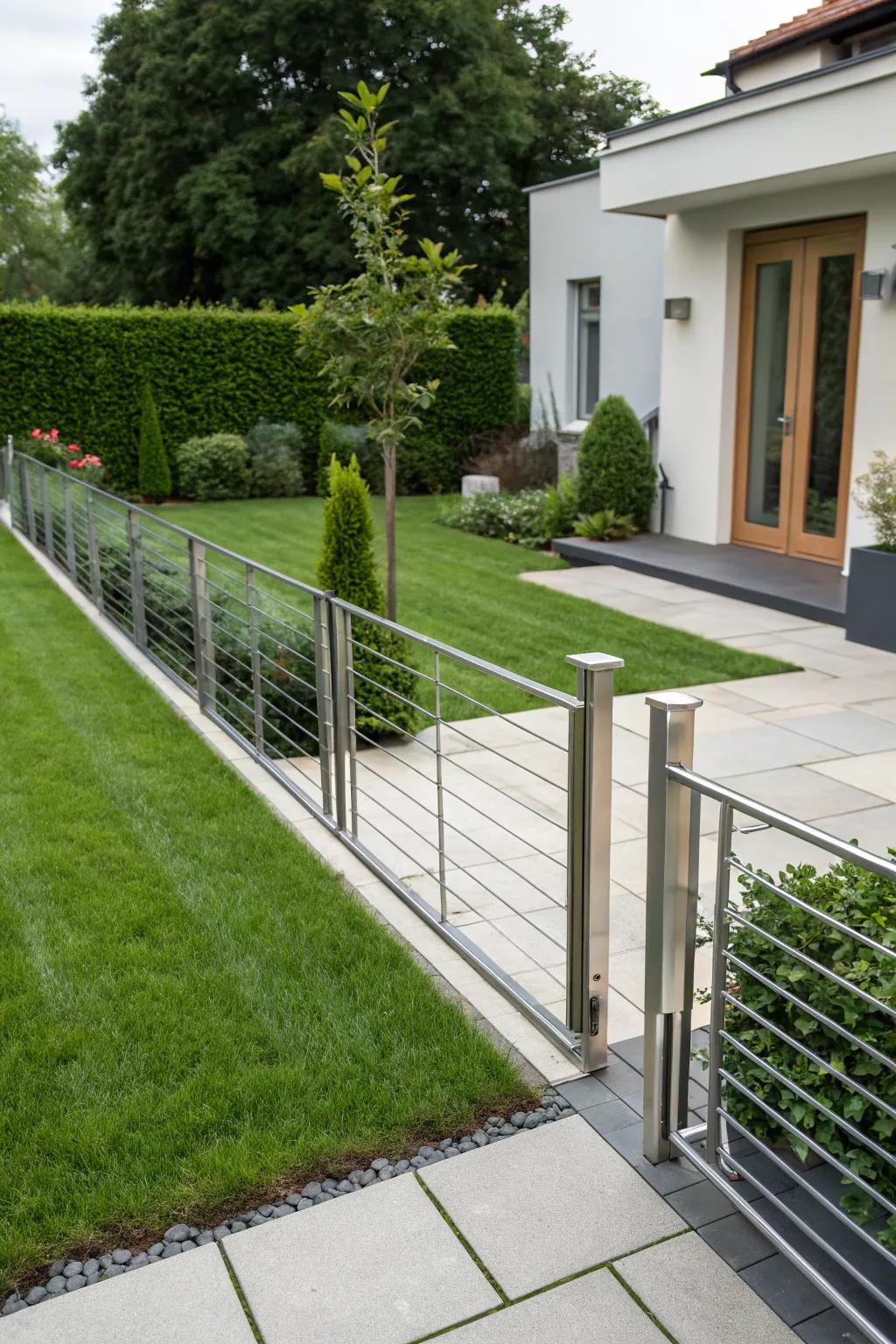 A minimalist metal fence complements modern architecture.