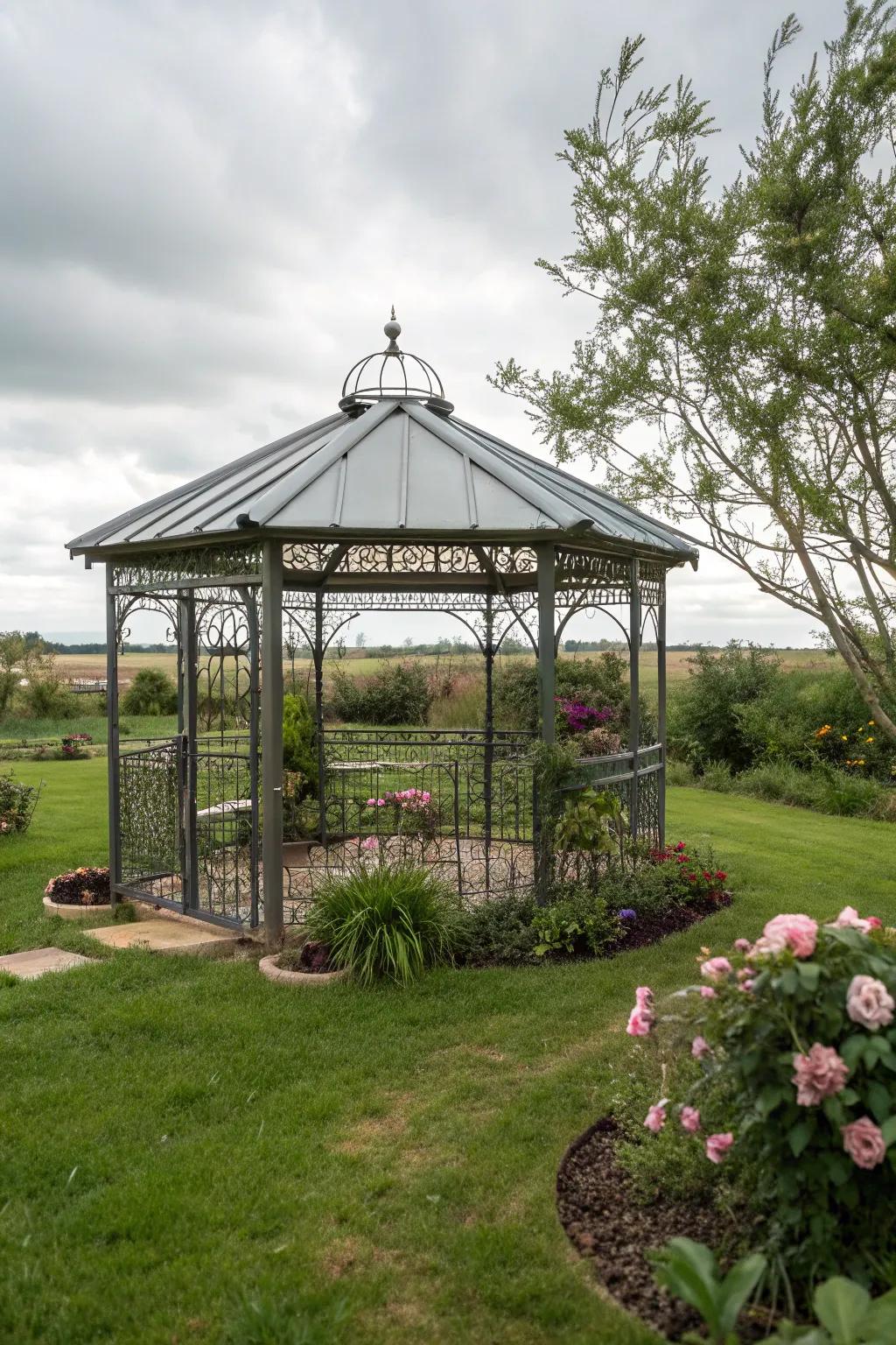A fully covered metal gazebo for all-weather comfort.