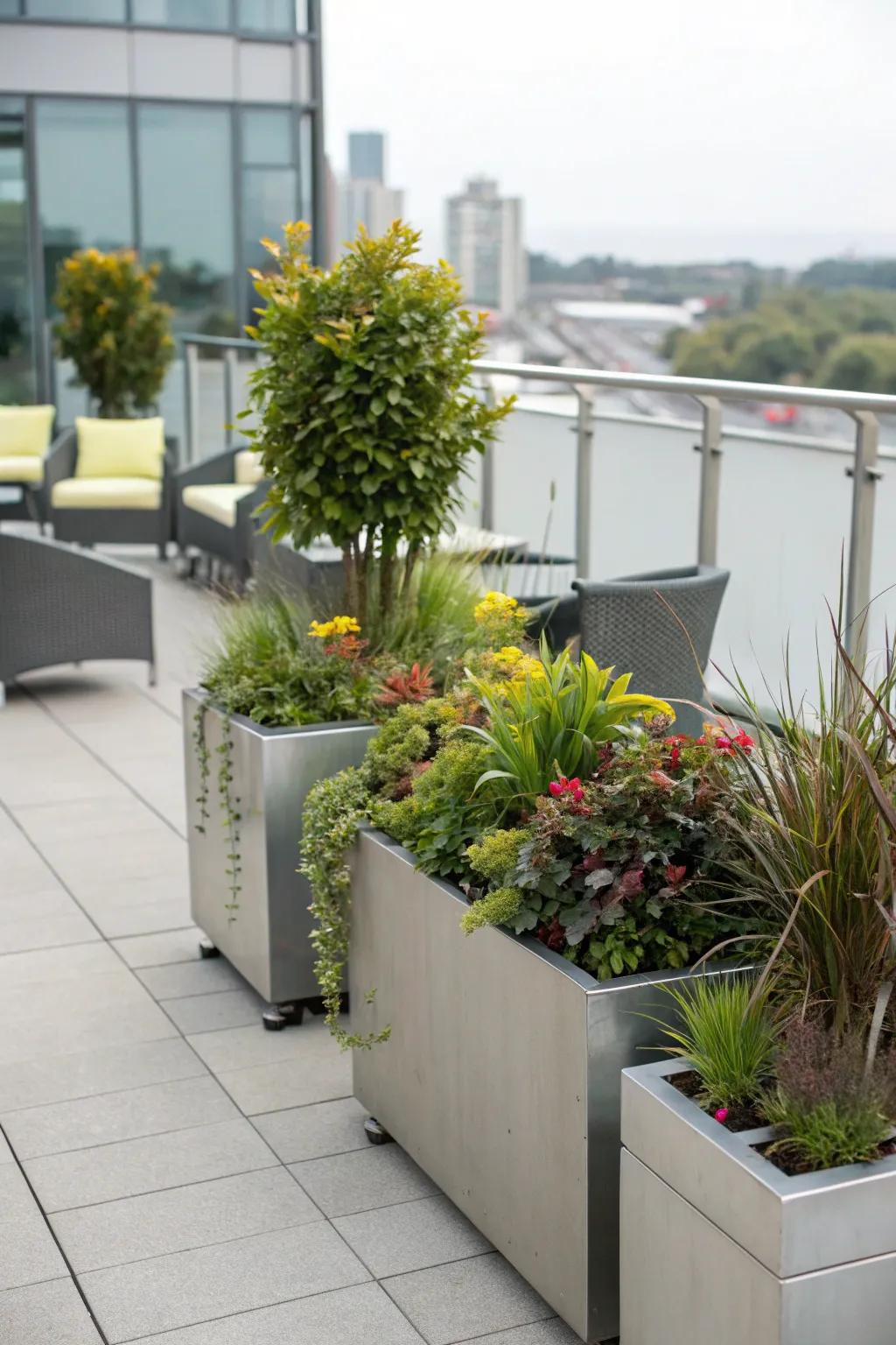 Steel planters bring a bold, industrial vibe to this lush patio.