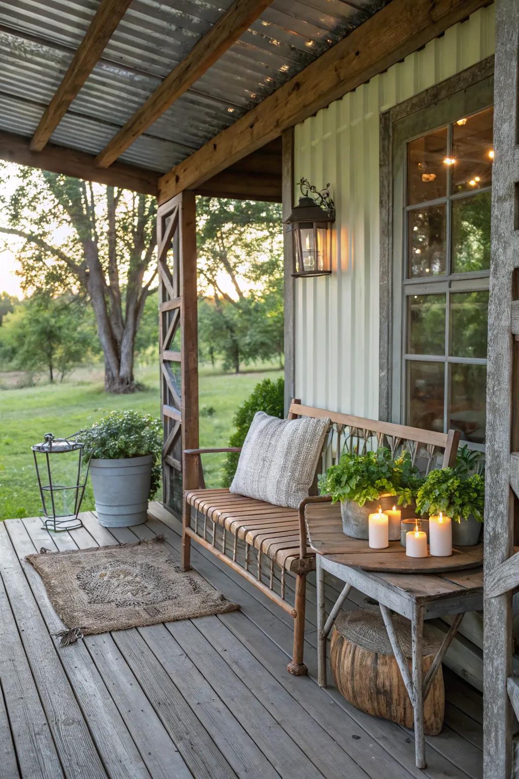 A rustic metal porch blending metal and wood.