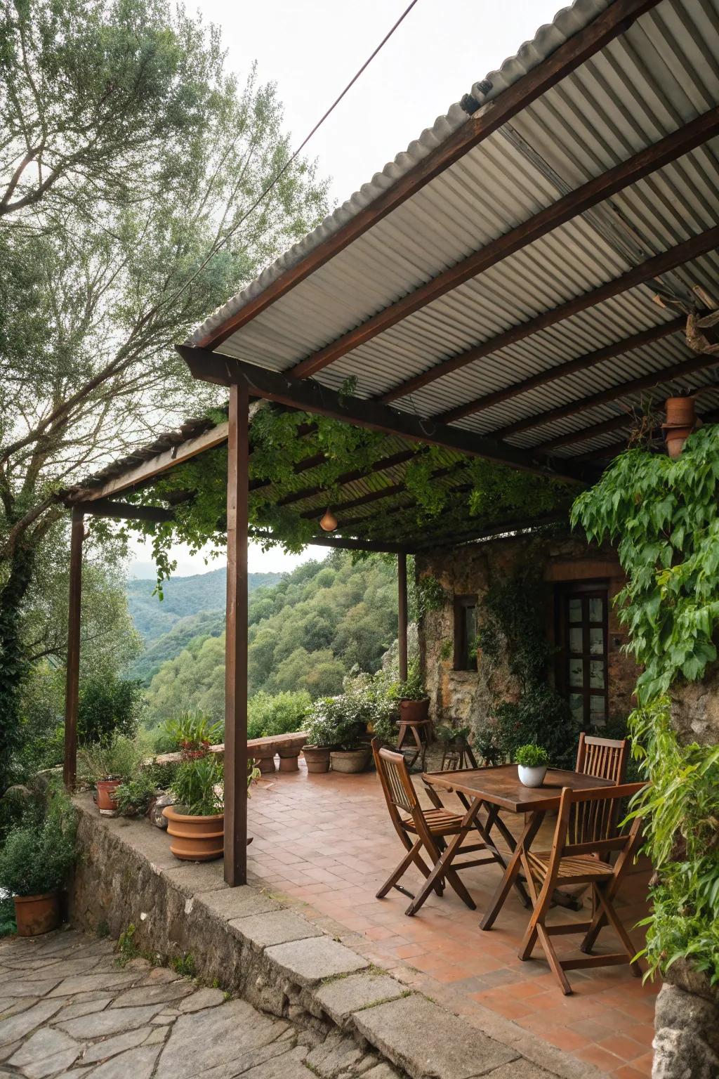 A rustic corrugated tin awning adds country charm.