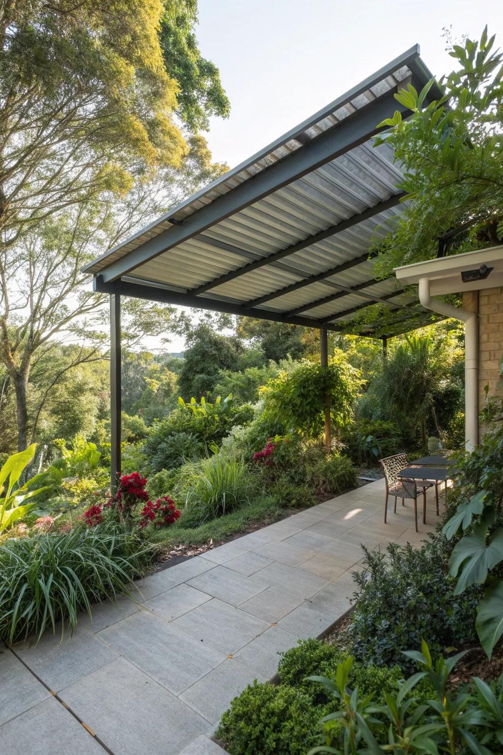 A metal roof patio that seamlessly blends with nature.