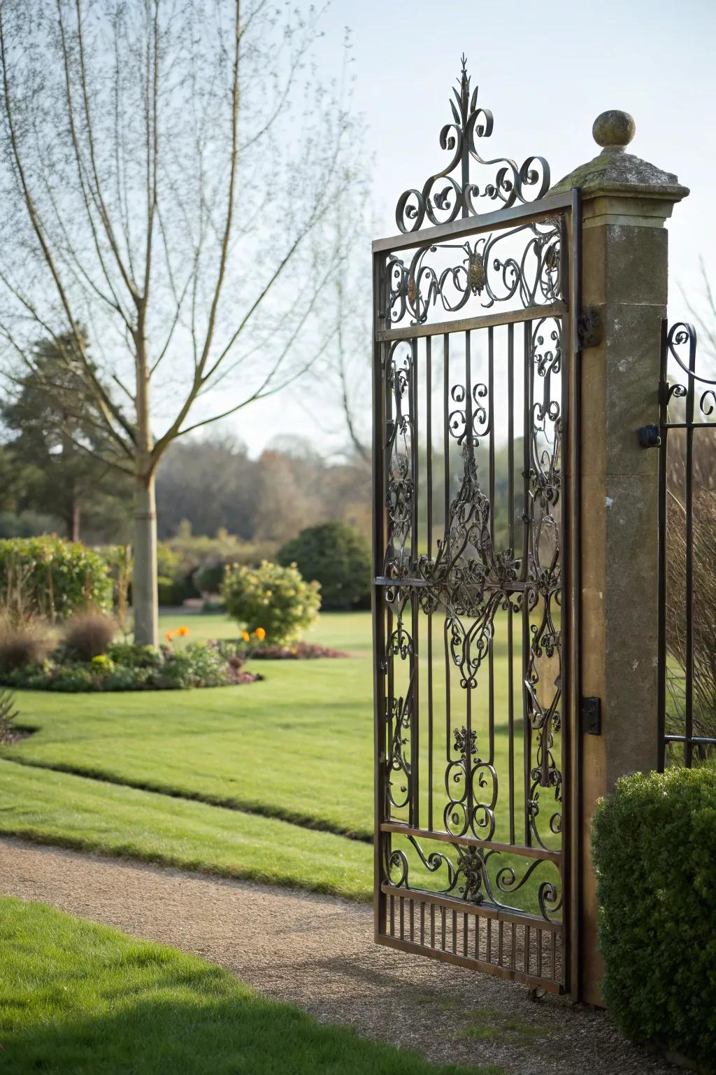 Artistic scrollwork elevates this metal side gate