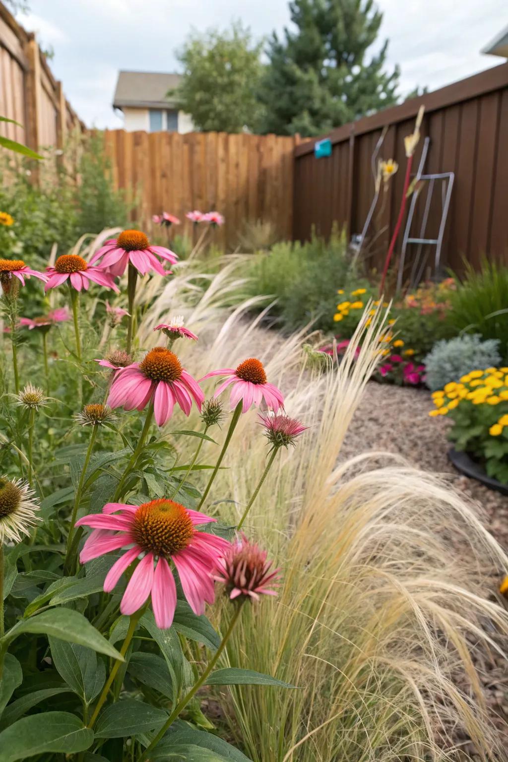 Echinacea and Mexican feather grass: A pollinator's paradise.