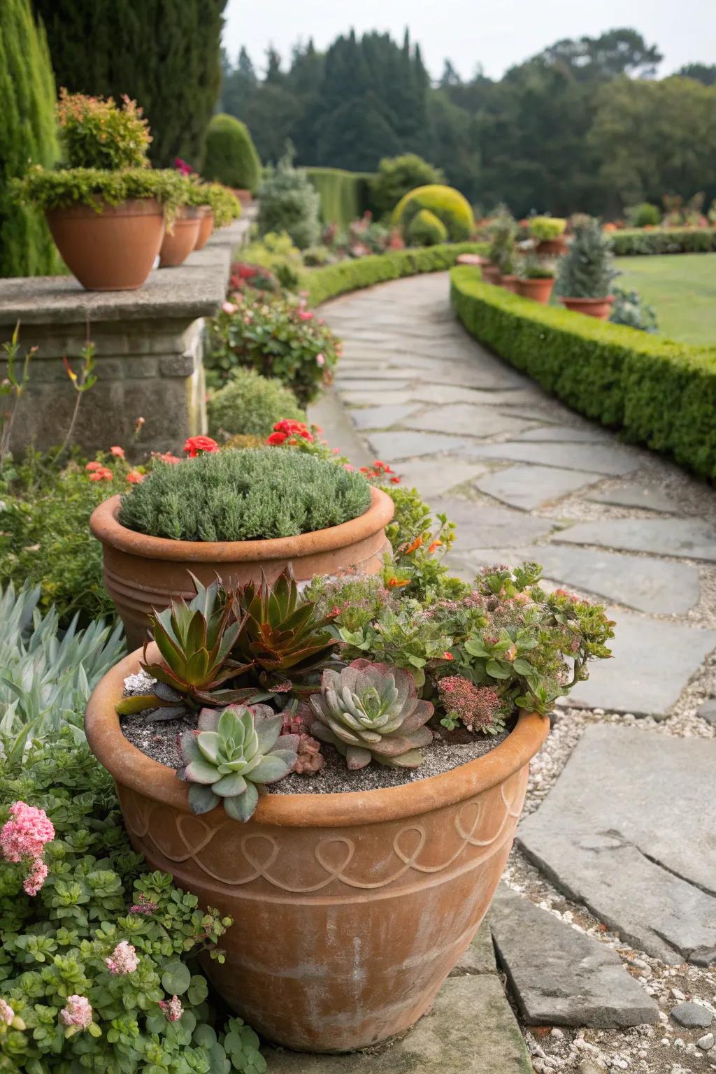 Terracotta pots filled with succulents and flowers add a rustic charm to the garden.