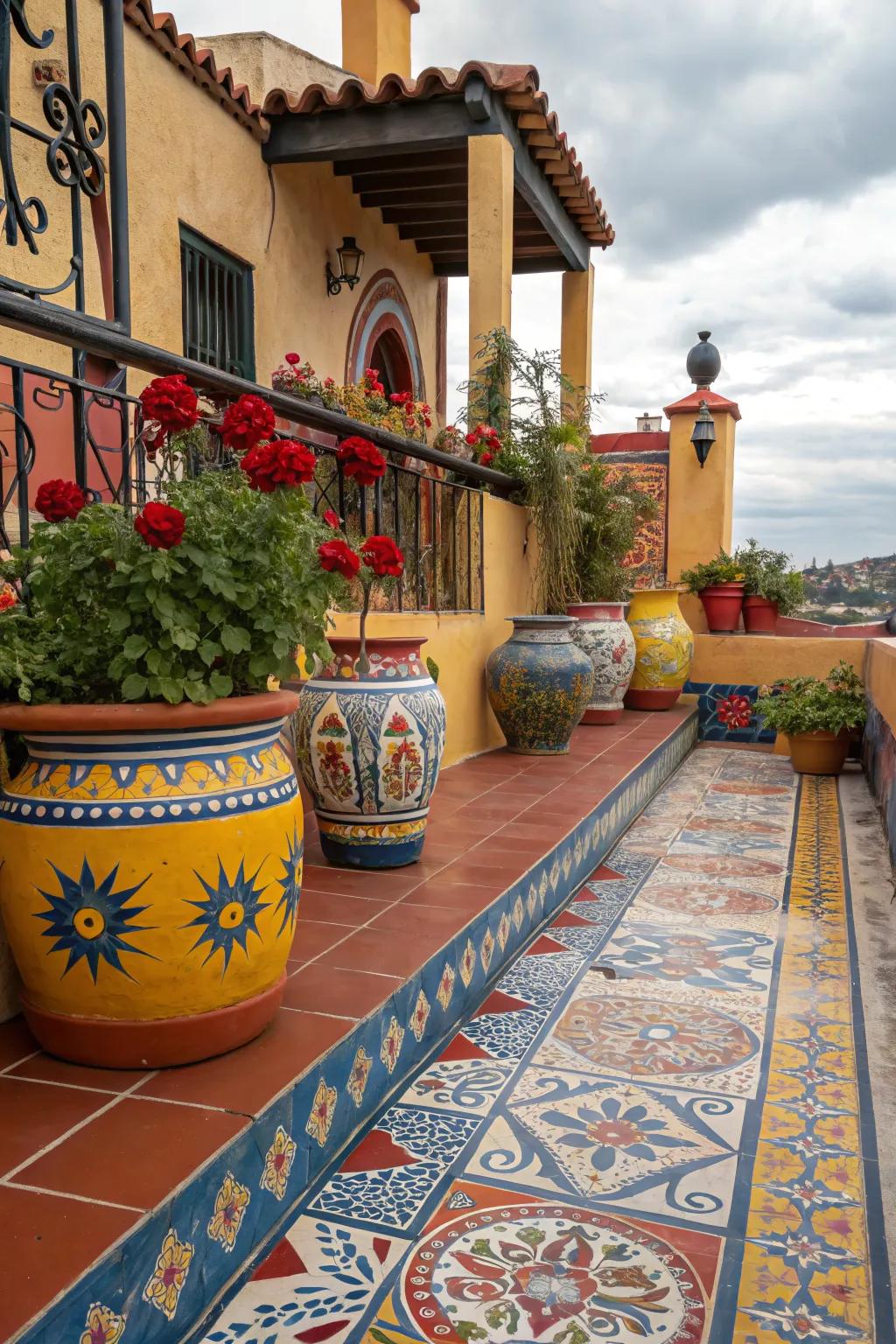 A splash of color with vibrant tiles and pottery brings life to any patio.