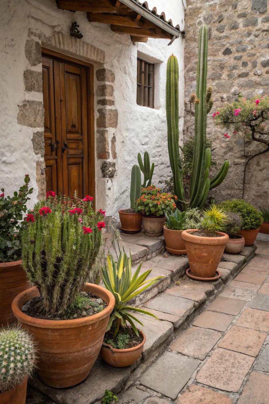 A Mexican patio filled with various cacti and succulent plants in terracotta pots.