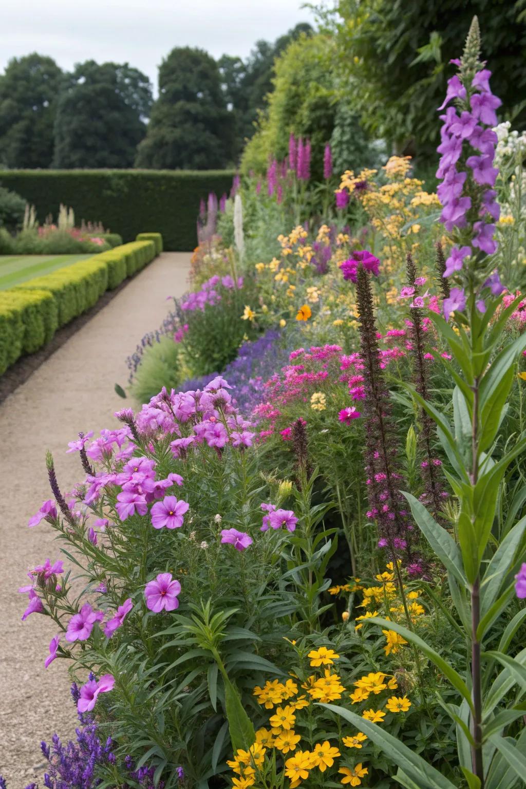 A vibrant mixed flower bed with Mexican petunias and colorful companions.