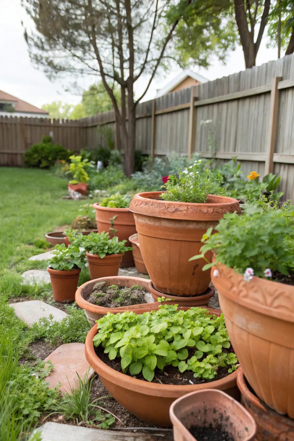 Terracotta pots bring warmth and rustic charm to the garden.