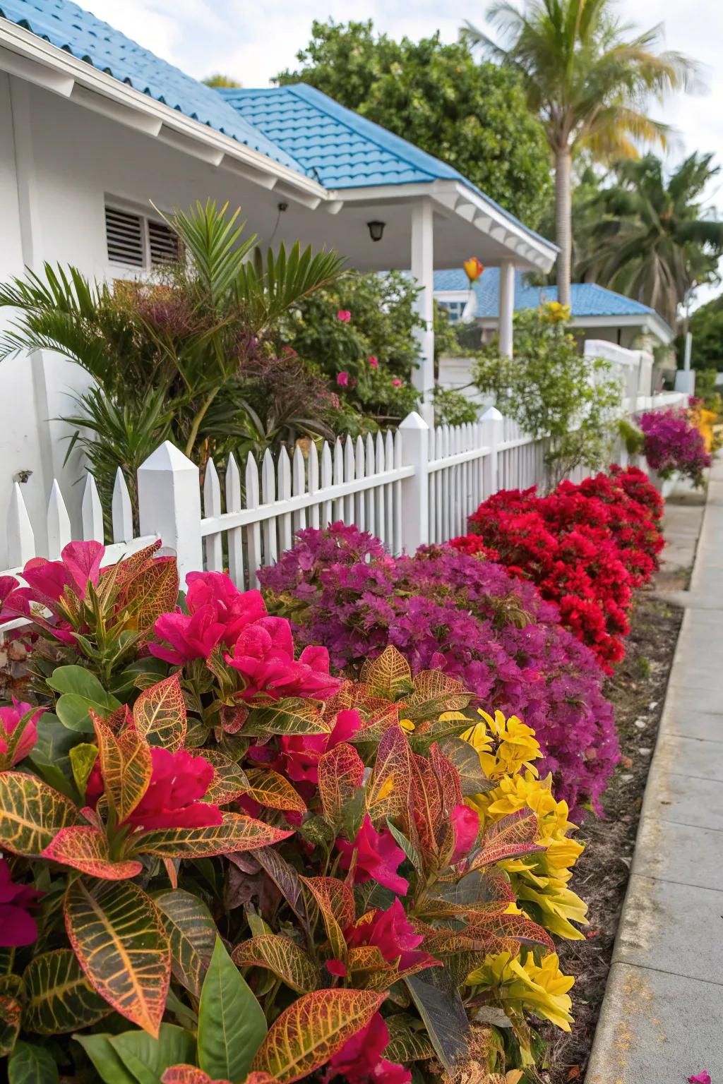 A vibrant color palette with bougainvillea and croton creates a striking visual impact.