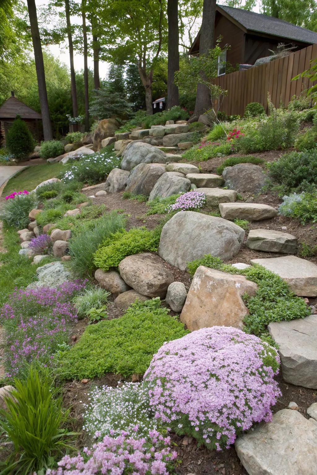 A serene rock garden with lush greenery.