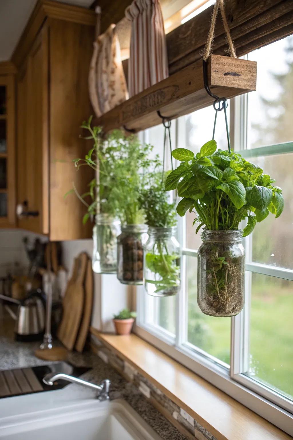 Mason jars repurposed into a delightful herb garden by the window.
