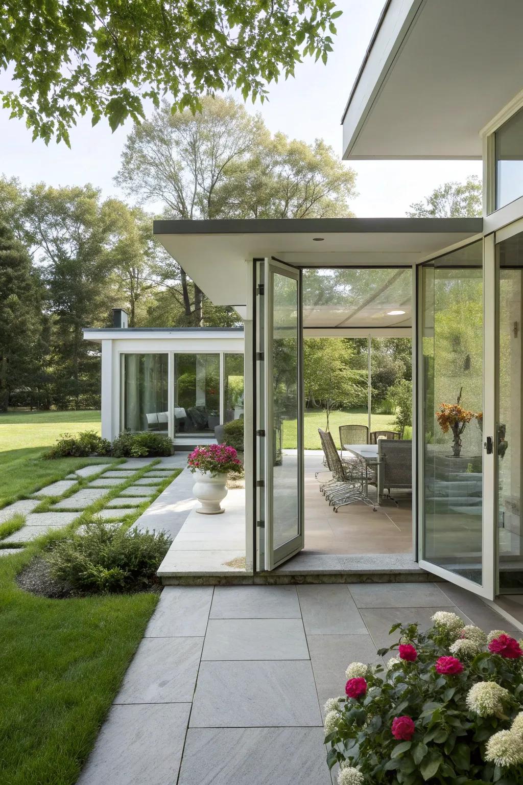 Large windows and open layouts create a seamless transition between indoors and outdoors.