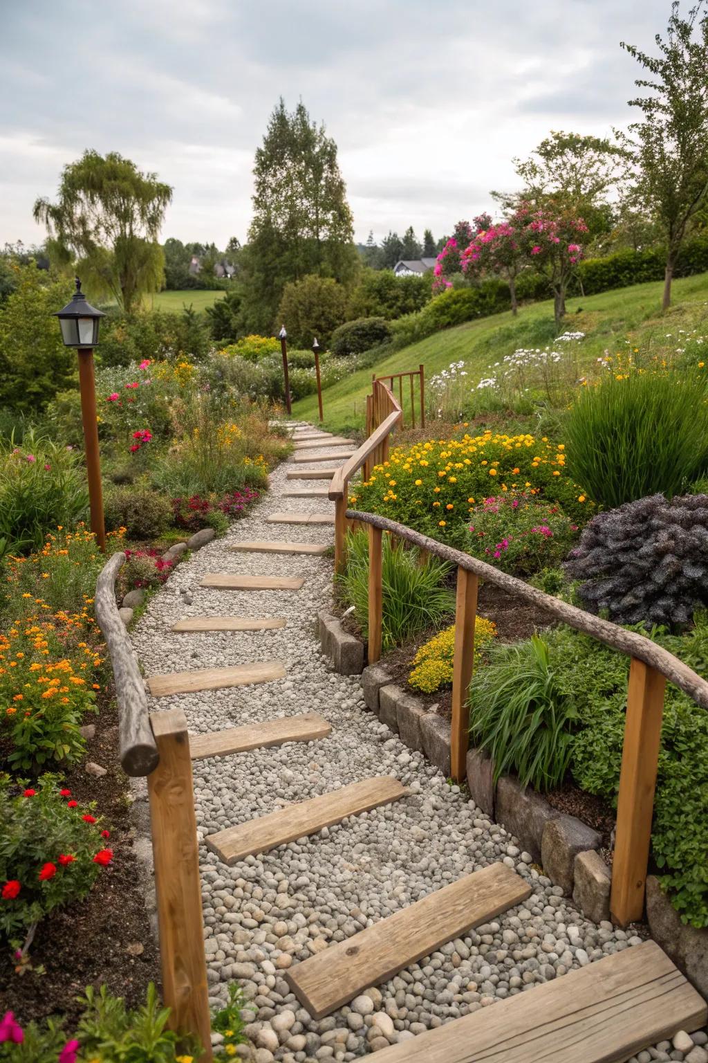 Natural materials like stone and wood add timeless appeal to this modern landscape.
