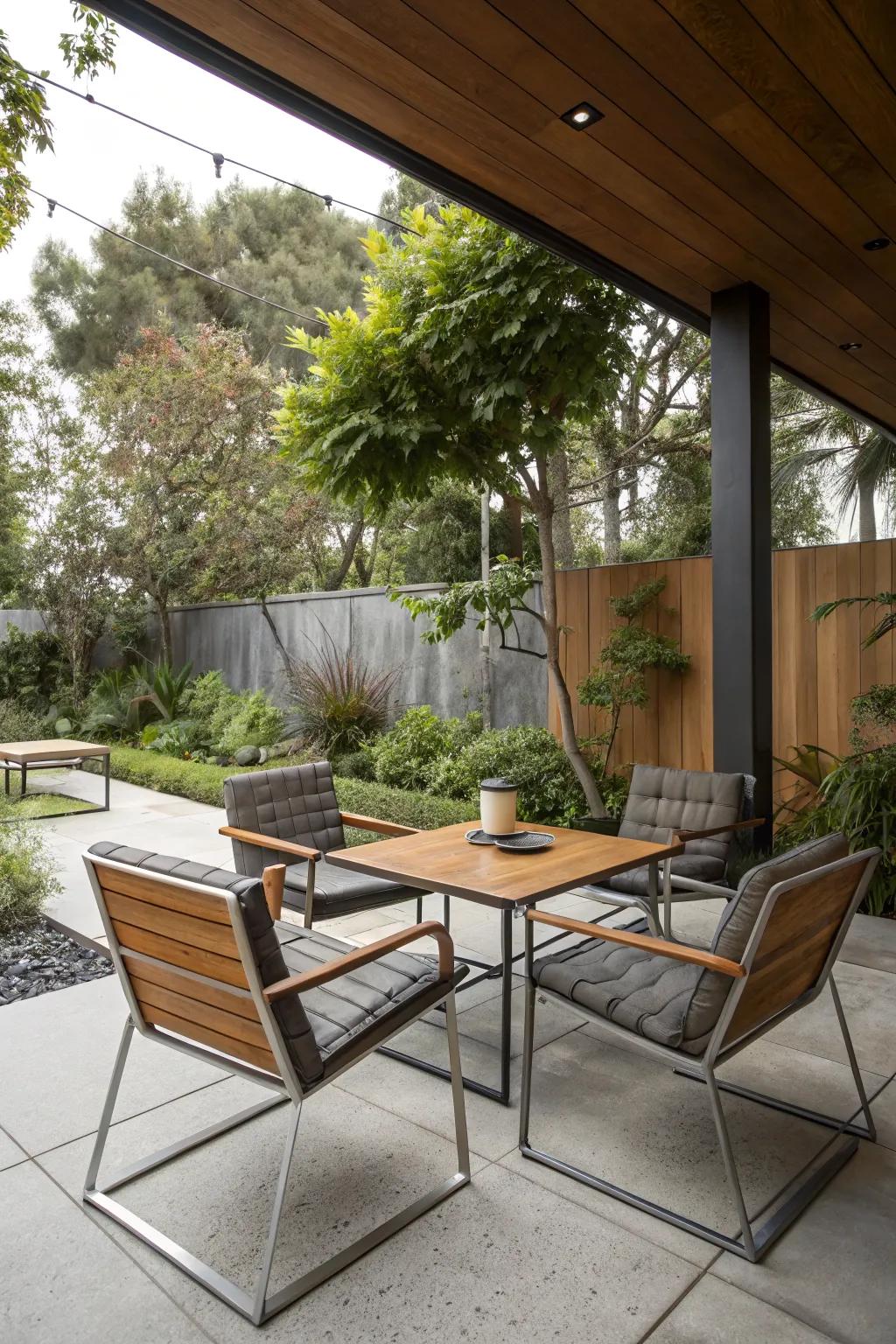 Minimalist wood and metal furniture on a mid-century modern patio.