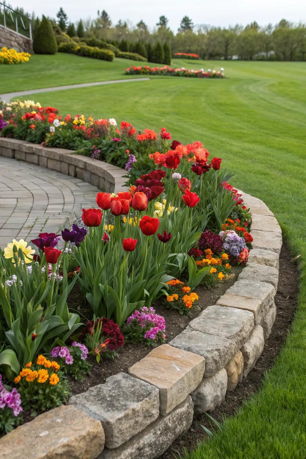 Stone borders add elegance and structure.
