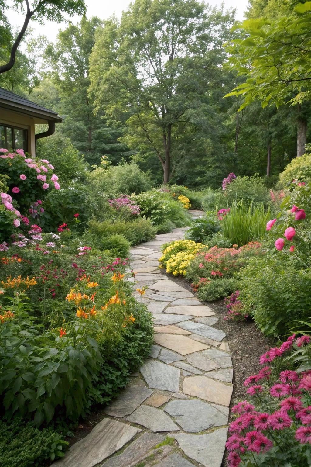 A stone pathway adds elegance and functionality to this Midwest front yard.